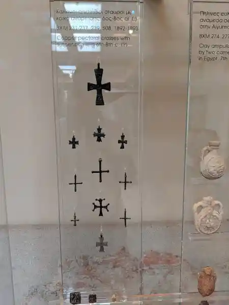 Display of copper pectoral crosses with suspension rings from the 6th-8th century